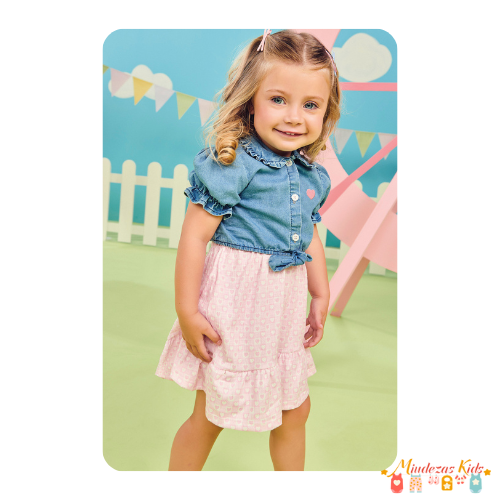 Vestido em malha wave e camisa em jeans com elastano Infanti