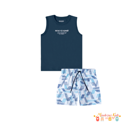 Conjunto de regata em meia malha e bermuda em nylon sublimado Onda Marinha