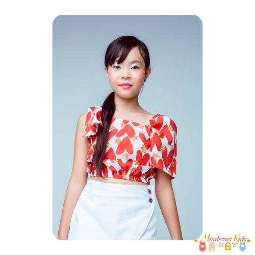 Blusa assimétrica laço corações e estrelas L2M Girls (não acompanha shorts saia)