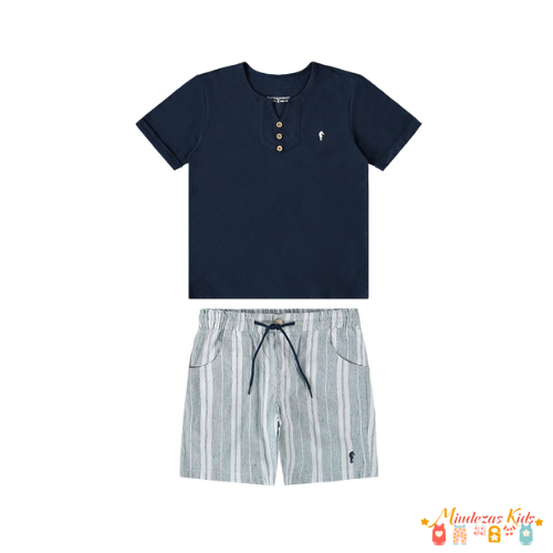 Conjunto de bata e bermuda em sarja listrada Onda Marinha