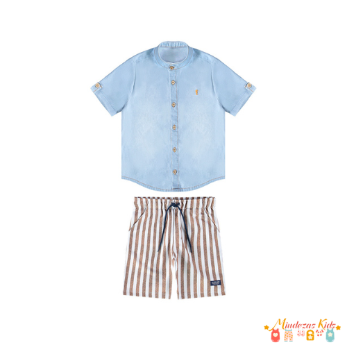 Conjunto de camisa em jeans leve e bermuda em moletinho sublimado Onda Marinha