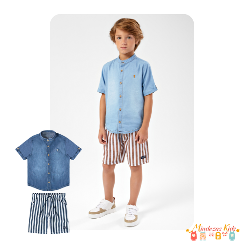 Conjunto de camisa em jeans leve e bermuda em moletinho sublimado Onda Marinha