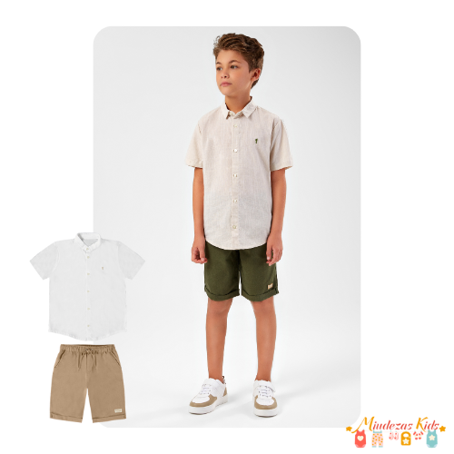 Conjunto de camisa em linho leve e bermuda em linho Onda Marinha