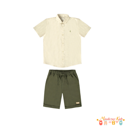 Conjunto de camisa em linho leve e bermuda em linho Onda Marinha