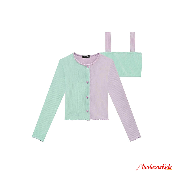 Twinset de top cropped e cardigan boxy em canelado Vic&Vicky