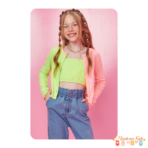 Twinset de top cropped e cardigan boxy em canelado Vic&Vicky