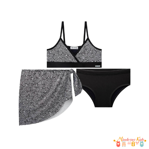 Trio de biquini e saia em malha UV dry 50+ Vic&Vicky Black