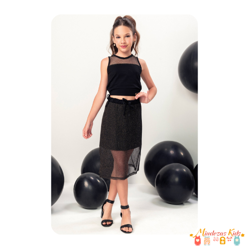 Conjunto de blusa cropped e saia midi Vic&Vicky BLK24