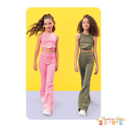 Conjunto de top cropped nadador e calça flare em canelado maui Vic&Vicky