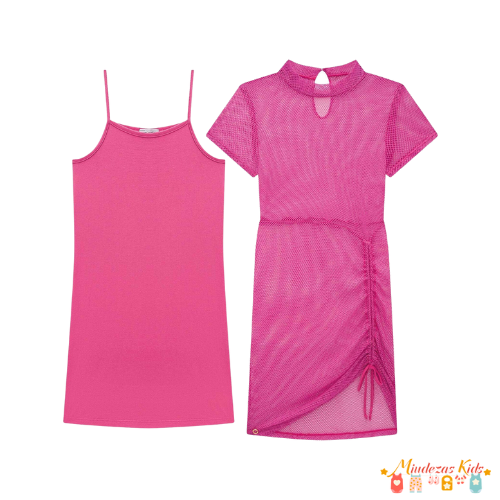 Conjunto de vestido sobreposição em tela brilho e meia malha Vic&Vicky