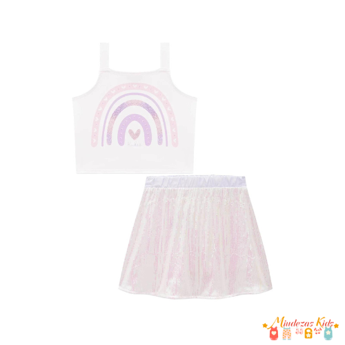 Conjunto de blusa cropped e saia em paetê furtacor Kukiê
