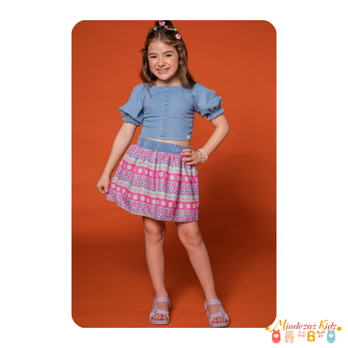 Conjunto de cropped em jeans liz e saia em air flow Kukiê