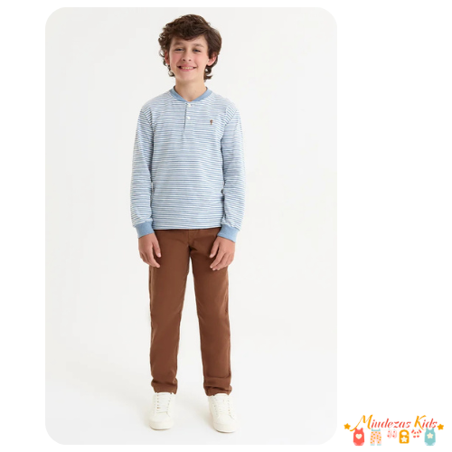 Conjunto Infantil Masculino Bata Listrada e Calça em Sarja Moletom Onda Marinha