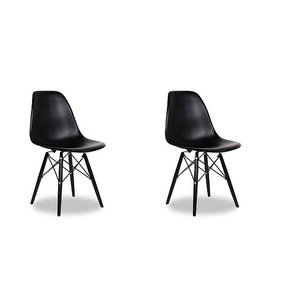 Kit 2x Cadeira Design Eames Eiffel DAR Ray Pes Madeira Salas Florida Preta Assento Polipropileno Fratini