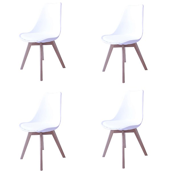 Kit 4x Cadeira Design Eames Eiffel DAR Ray Pes Madeira Salas Siena Branco Assento Couro Fratini