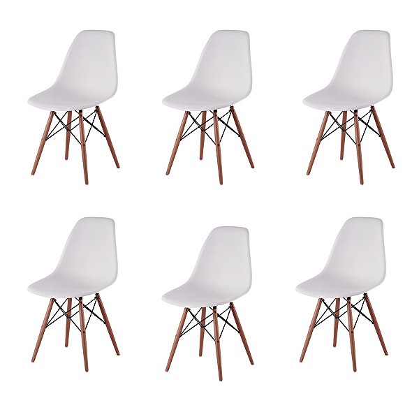 Kit 6x Cadeira Design Eames Eiffel DAR Ray Pes Madeira Salas Florida Branca Assento Polipropileno Fratini