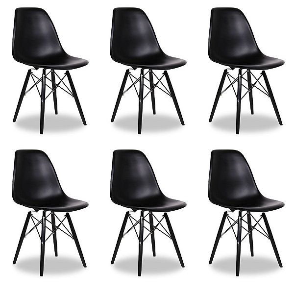 Kit 6x Cadeira Design Eames Eiffel DAR Ray Pes Madeira Salas Florida Preta Assento Polipropileno Fratini