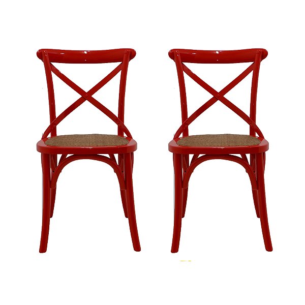 Cadeira Trendhouse Madeira Natural Cor Vermelha Assento Palha Trançada Acabamento Laca