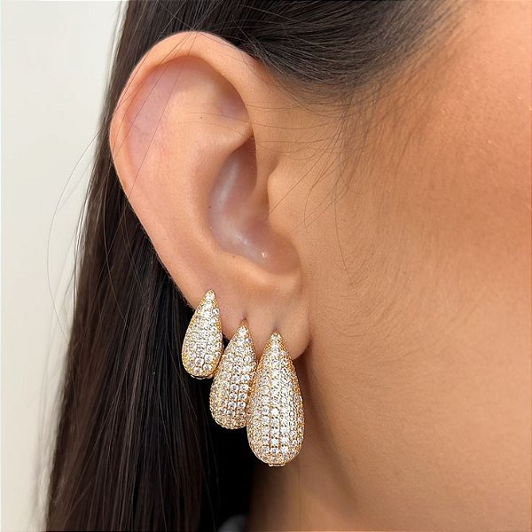 Kit Trio de Brincos Argolas Gota Grande Cravejada com Zircônias Cristais