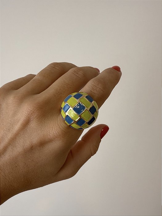 Anel Dourado Xadrez Azul e Verde