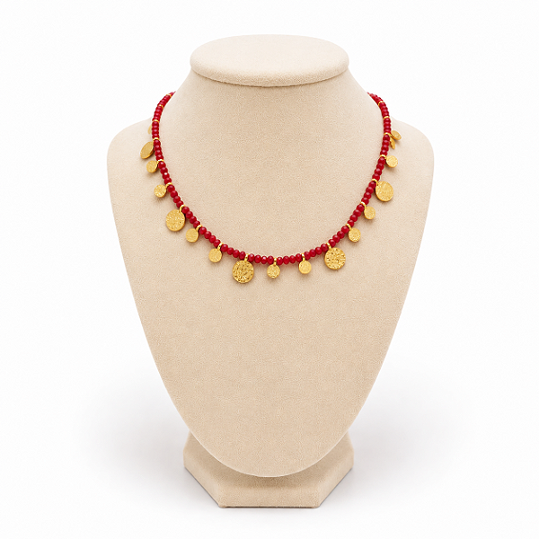 Colar Medalhinhas Ouro e Coral