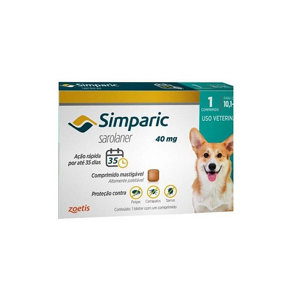 Antipulgas Simparic 40mg - Caes 10,1kg - 20kg - Zoetis