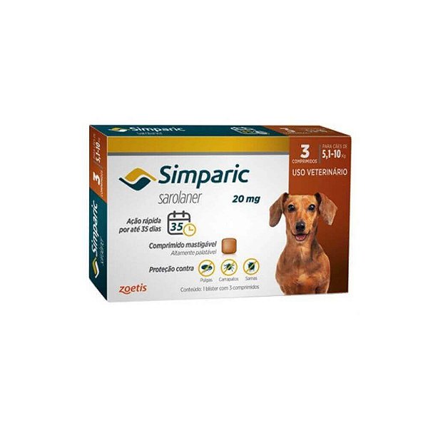Antipulgas Simparic 20mg - Caes 5,1kg - 10kg - 3 comprimidos - Zoetis