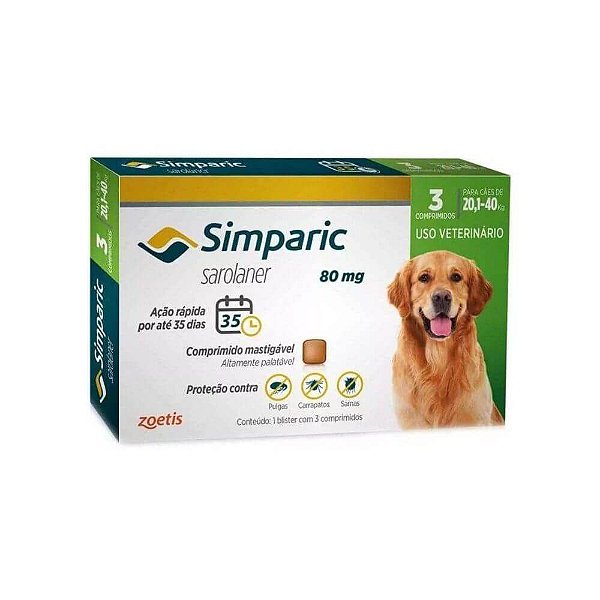 Antipulgas Simparic 80 mg - Caes 20,1kg - 40kg - 3 comprimidos - Zoetis
