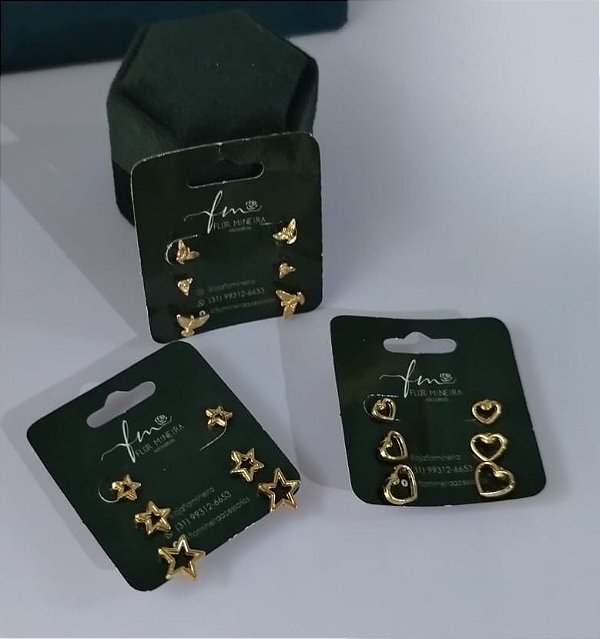 Trio de brincos ouro 18K