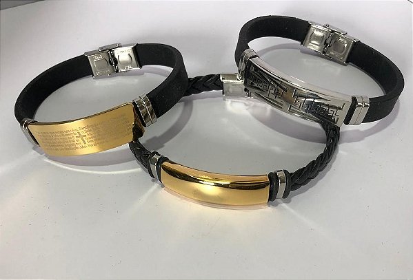 Pulseira Masculina Couro Ecológico e Aço Inoxidável