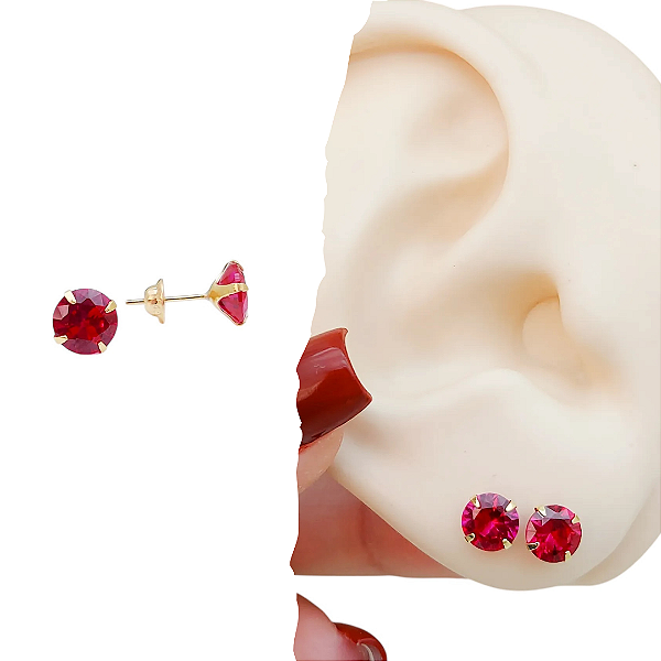 Brinco Ponto De Luz 6 mm Em Ouro 18K - Vermelho