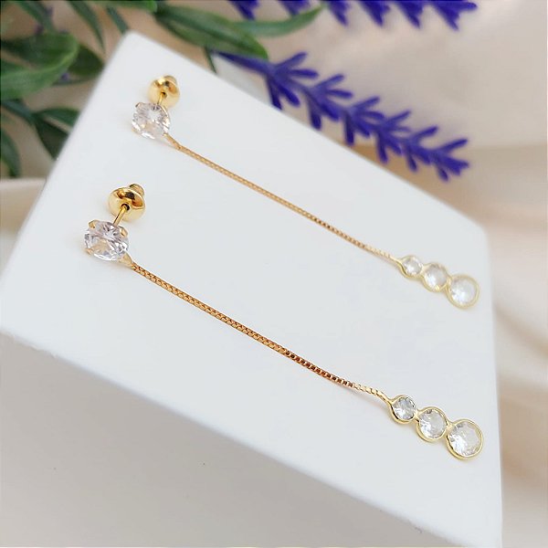 Brinco Zircônias Com Veneziana Pendurada Em Ouro 18k