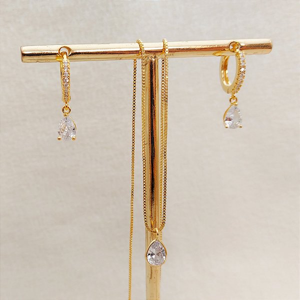 Kit Encanto - Brinco E Colar Ponto De Luz Gota Com Banho De Ouro