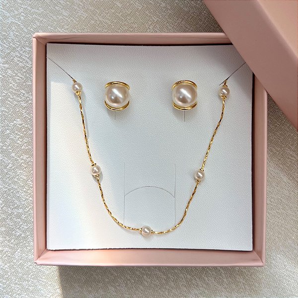 Kit Pérola - Brinco E Choker Em Pérolas Com Banho De Ouro