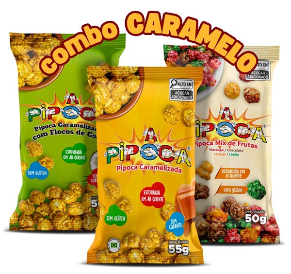 Combo CARAMELO - Caixa c/ 12 Unid. - 6 Pipocas caramelizadas 55g + 3 Pipocas Caramelizadas com flocos de coco 50g + 3 Pipocas mix de frutas 50g
