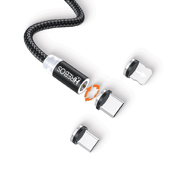 Cabo Turbo 3x1 Magnético - 2,0m - V8 / TYPE-C / Lightning (HS-210)