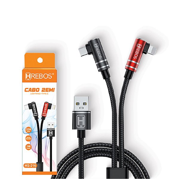 Cabo Gamer 2 Plugs - 1,0m - Lightning e TYPE-C (HS-216)
