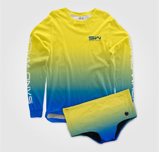 Camiseta UV Infantil | Sunga e Manga Longa | Azul e Amarelo