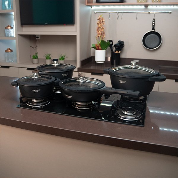 Conjunto 4 Peças Linha Titanium - Frigideira Wok 24cm + Panelas 20cm, 24cm e 28cm + Tampas Frigigold