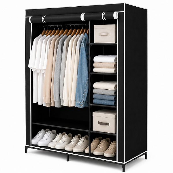 Guarda Roupa Portátil Organizador Com 2 Colunas para Cabides, Roupas e Cobertor
