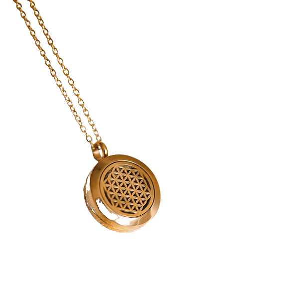 Colar Difusor - Pingente 20mm - Flor da Vida - Dourado - Aço Inox