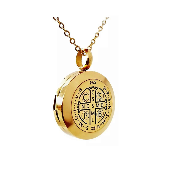 Colar Difusor - Pingente 20mm - Medalha São Bento - Dourado - Aço Inox