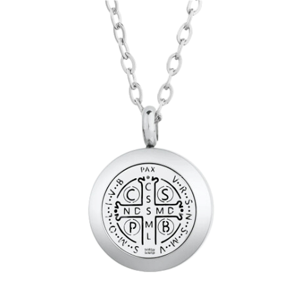 Colar Difusor - Pingente 20mm - Medalha São Bento - Prateado - Aço Inox