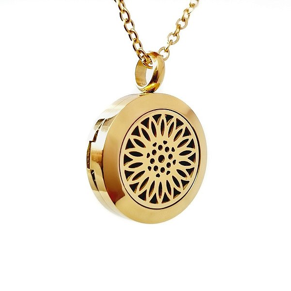 Colar Difusor - Pingente 20mm - Girassol - Dourado - Aço Inox