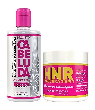 Cabelos Perfeitos com #CabeloSecret - Shampoo Estimulante Projeto Cabeluda 500ml + Máscara 3 em 1 HNR 450g