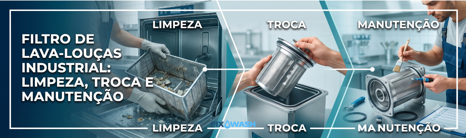 Filtro de lava-louças industrial limpeza troca manutenção peças Fixwash