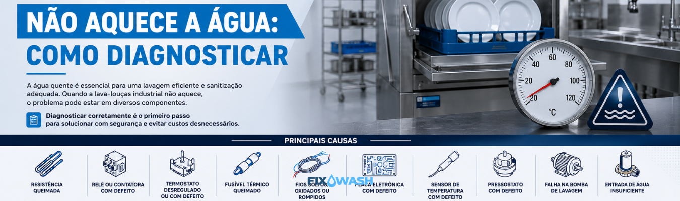 Lava-louças industrial não aquece a água: diagnóstico e solução