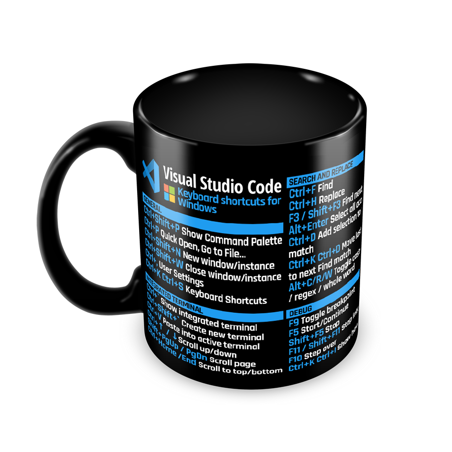Caneca VS Code Windows Keyboard Shortcuts preta