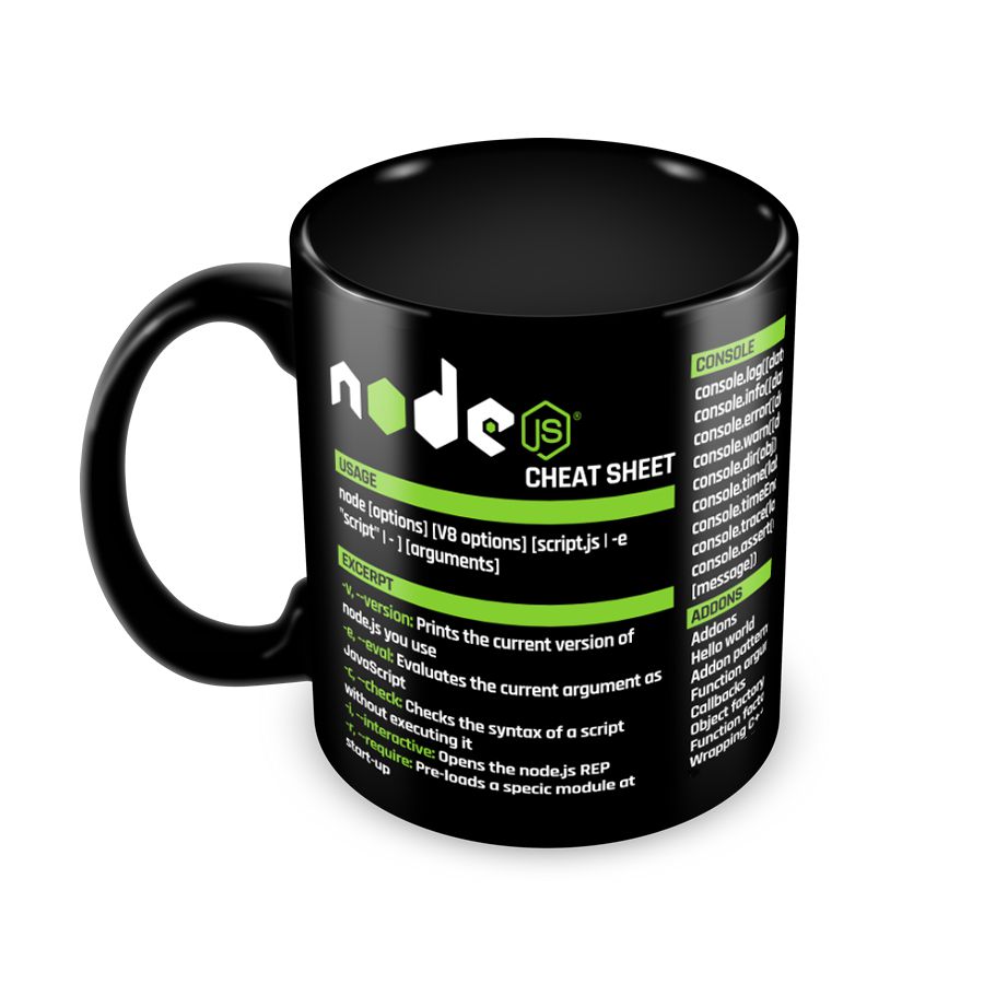 Caneca Node JS Commands Cheat Sheet Preta
