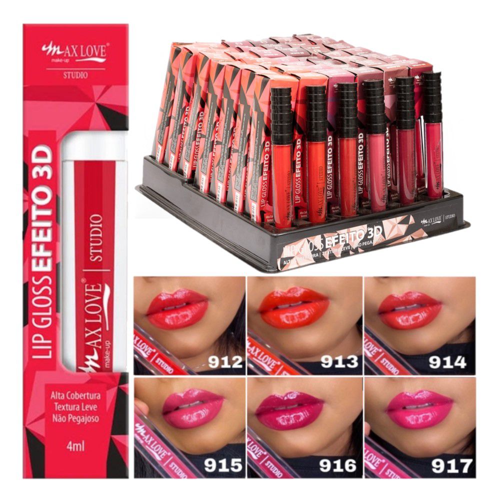 Max Love - Lip Gloss Efeito 3D cor 912 a 917 - Kit C/6 und